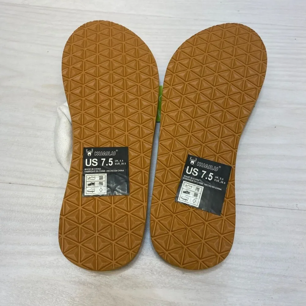 KUAILU Yoga Mat Thong Sandals Women's Size 7.5 White Brown Slip On‎ Casual Shoes